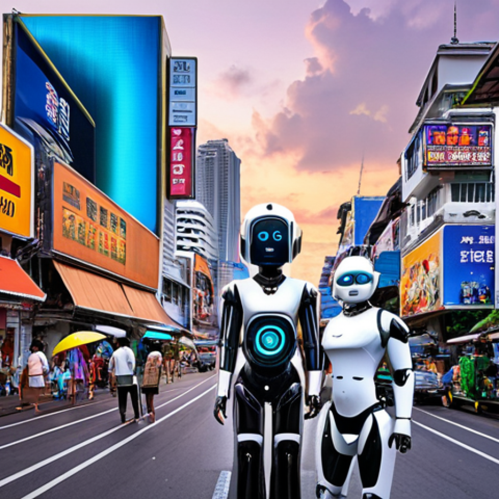 **Prompt:** A futuristic cityscape in Bangkok, Thailand, with digital companions (AI robots or holographic projections) interacting with humans in everyday life; focus on the blend of traditional Thai culture and advanced technology, showcasing both opportunity and potential challenges related to data privacy.