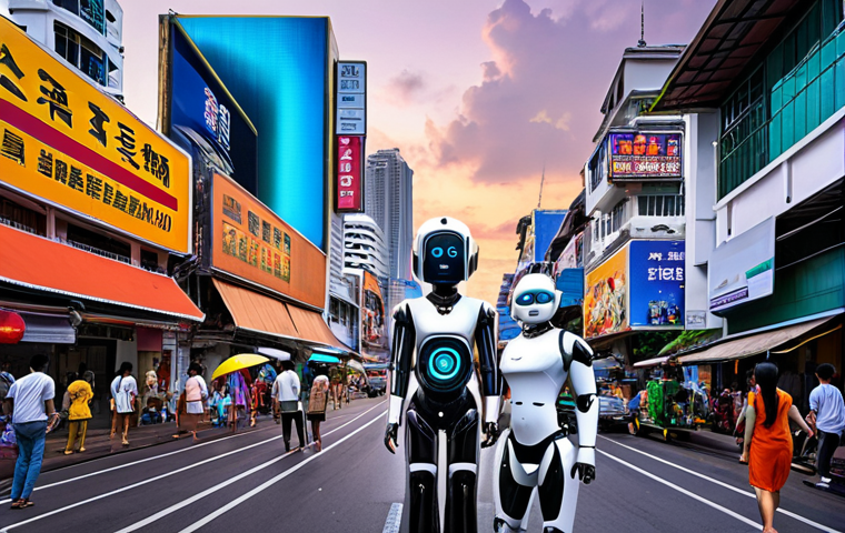**Prompt:** A futuristic cityscape in Bangkok, Thailand, with digital companions (AI robots or holographic projections) interacting with humans in everyday life; focus on the blend of traditional Thai culture and advanced technology, showcasing both opportunity and potential challenges related to data privacy.