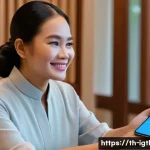 Home 22 디지털 컴패니언십의 대중화 과정 - A modern Thai living room scene featuring a middle-aged Thai woman interacting with a digital compan...
