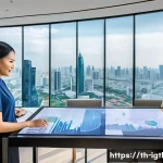 Home 21 디지털 컴패니언십의 새로운 비즈니스 모델 - A modern Thai digital marketing office scene showing a diverse team of professionals collaborating a...