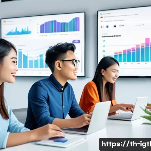 Home 31 디지털 컴패니언십의 채널 전략 - A modern digital marketing team in a bright, contemporary Thai office space analyzing consumer behav...