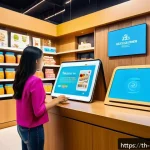Home 23 디지털 컴패니언십의 운영 모델 - A modern Thai retail store scene showcasing a friendly AI-powered chatbot assistant on a sleek digit...