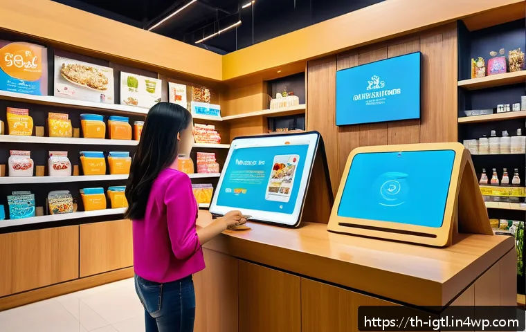 디지털 컴패니언십의 운영 모델 - A modern Thai retail store scene showcasing a friendly AI-powered chatbot assistant on a sleek digit...