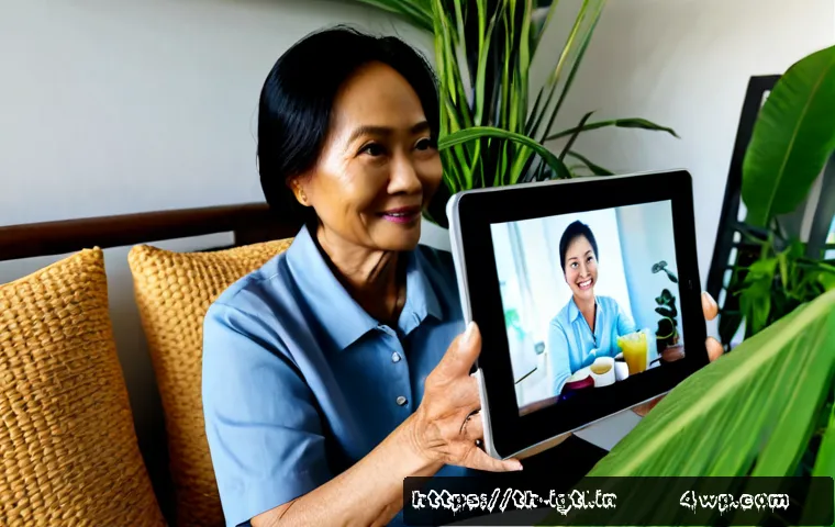 Home 29 디지털 컴패니언십의 글로벌 트렌드 - Photorealistic lifestyle scene in a bright modern Bangkok apartment: a Thai older woman enjoying a w...